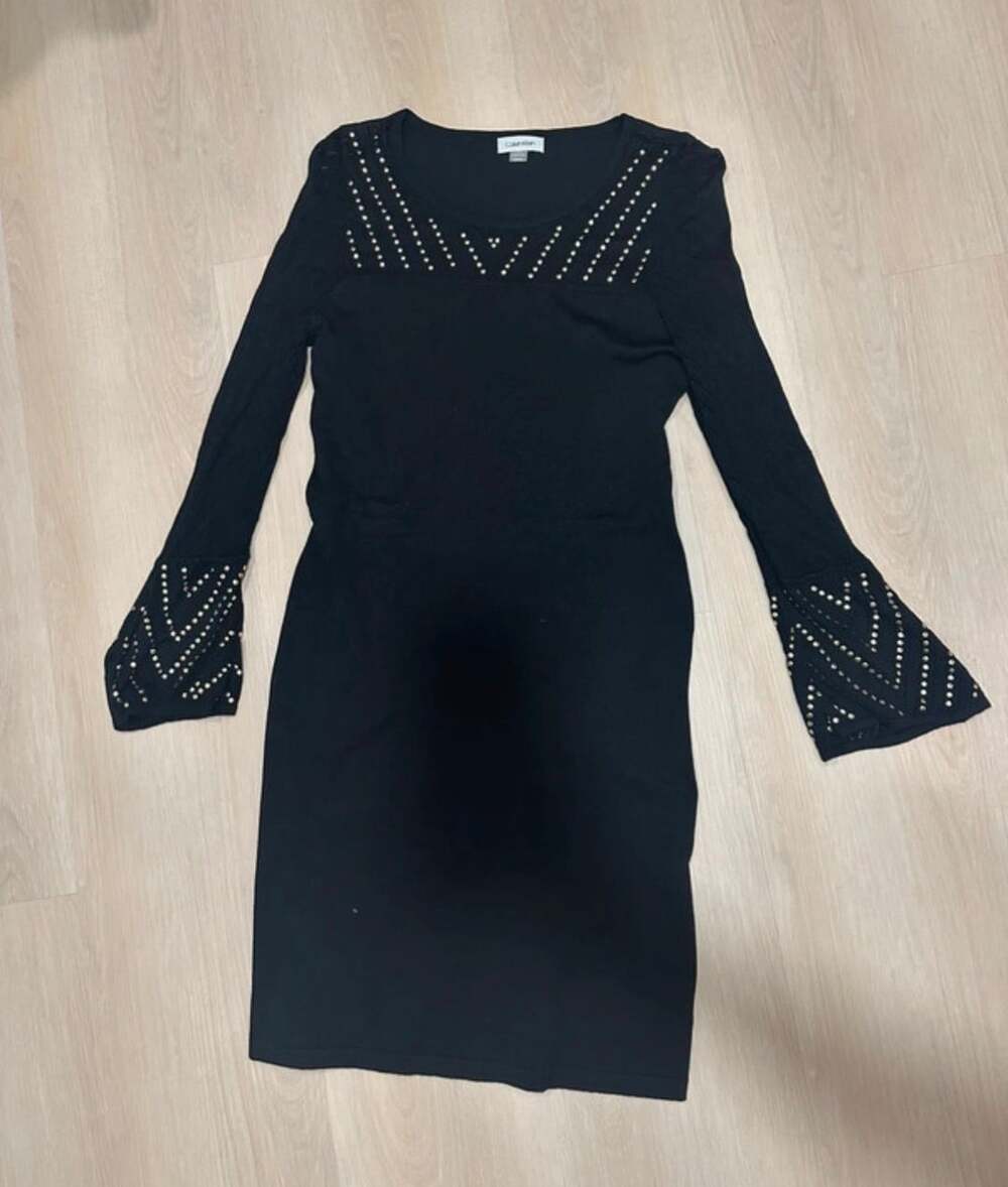Calvin Klein Embellished Knit Long Bell Sleeve Dress Size M Black